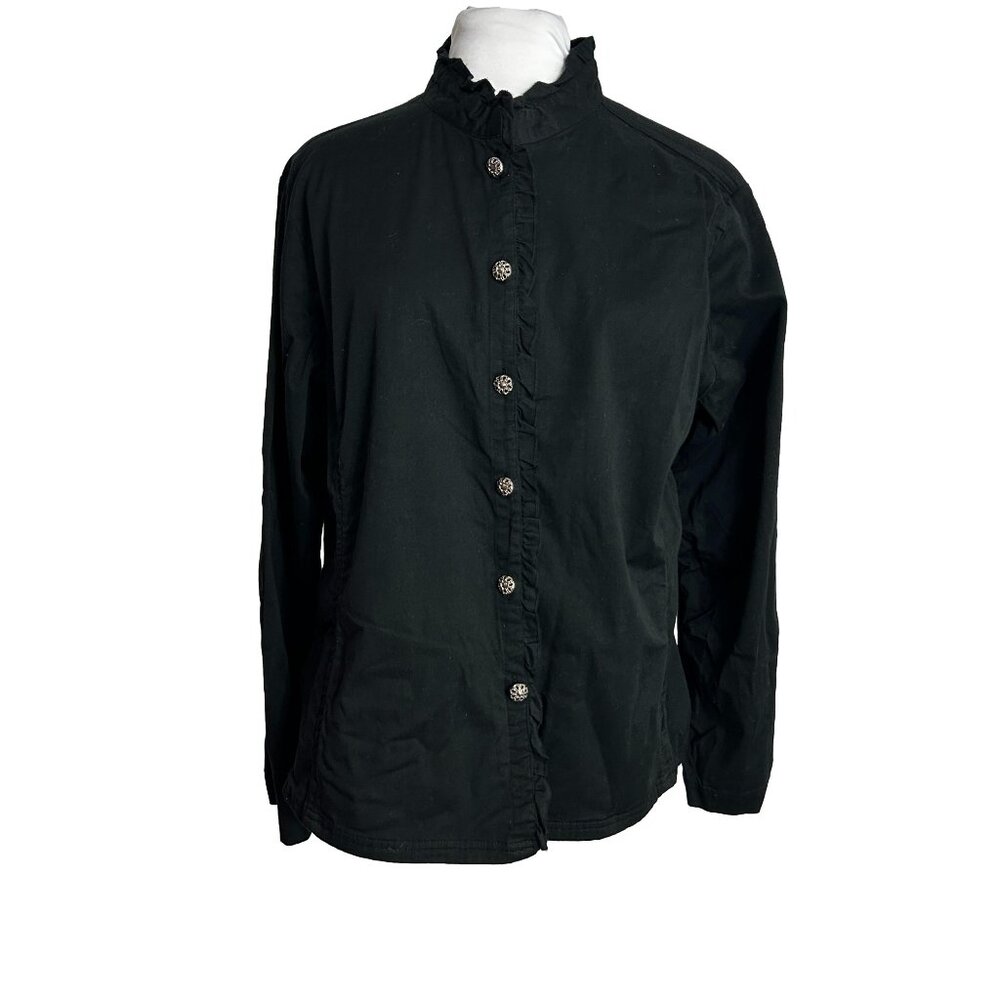 Chicos Black Button Front Light Black Jacket Size Large Ruffle Collar Womens